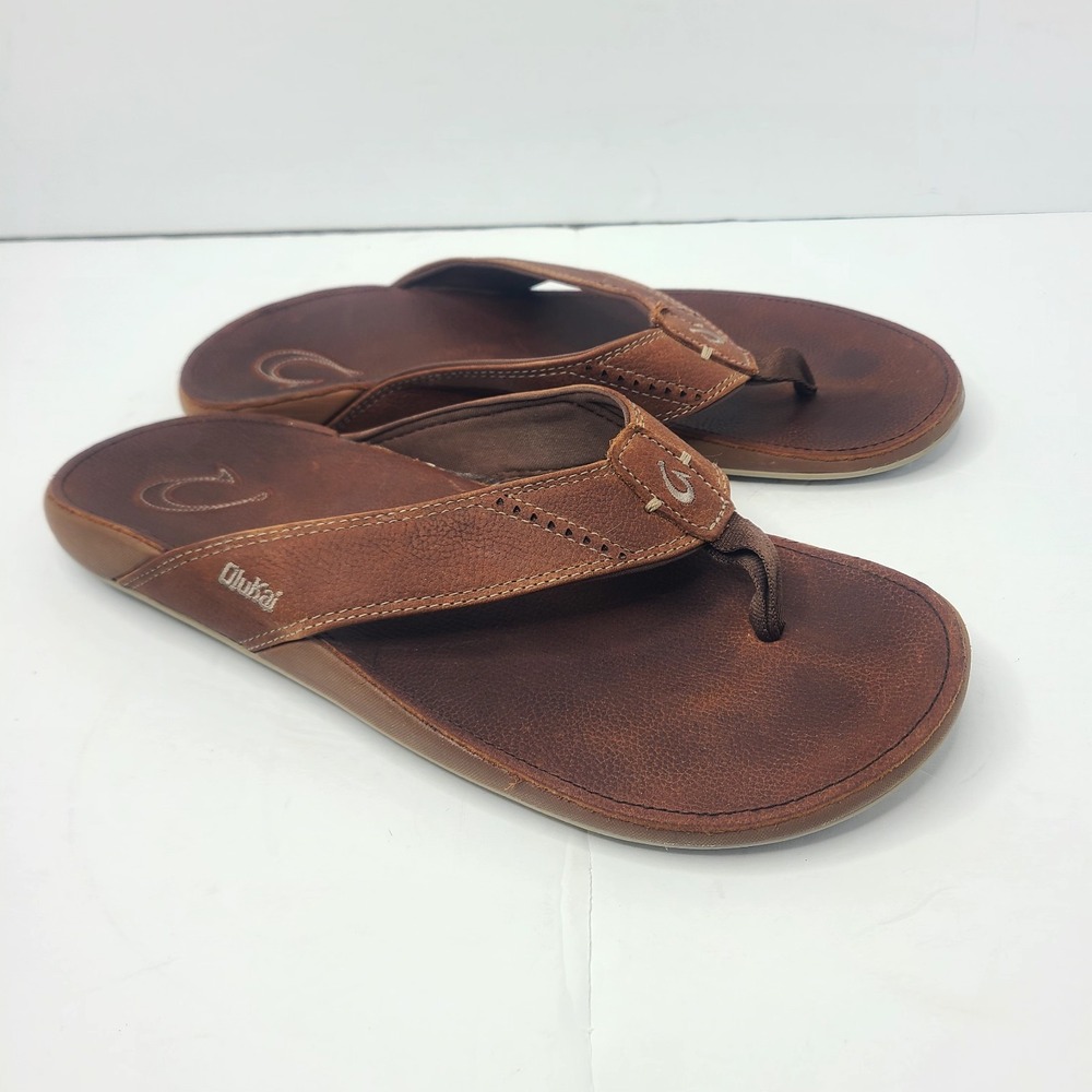 OluKai Nui Sandals Mens Size 12 Brown Leather Thong Flip Flops 10239-SKSK